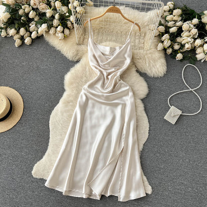 Sexy Spaghetti Straps Silk Satin Dress Women Holiday Dress P192