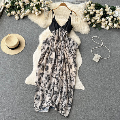 Sexy V-neck backless dress female ink painting new suspenders irregular holiday dress P238