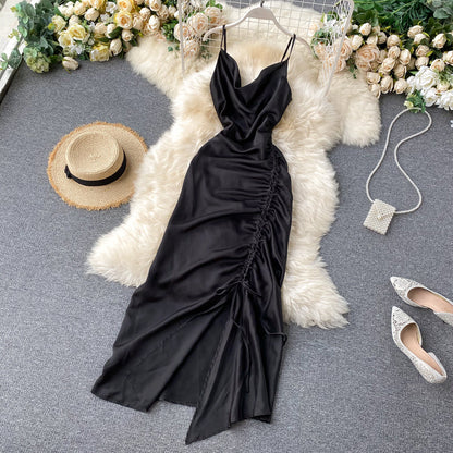 Sexy Spaghetti Straps Backless Silk Satin Dress Women Summer Holiday Dress P158