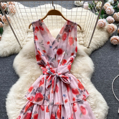 Sweet V neckline Summer Floral Dress Women Holiday Dress P174