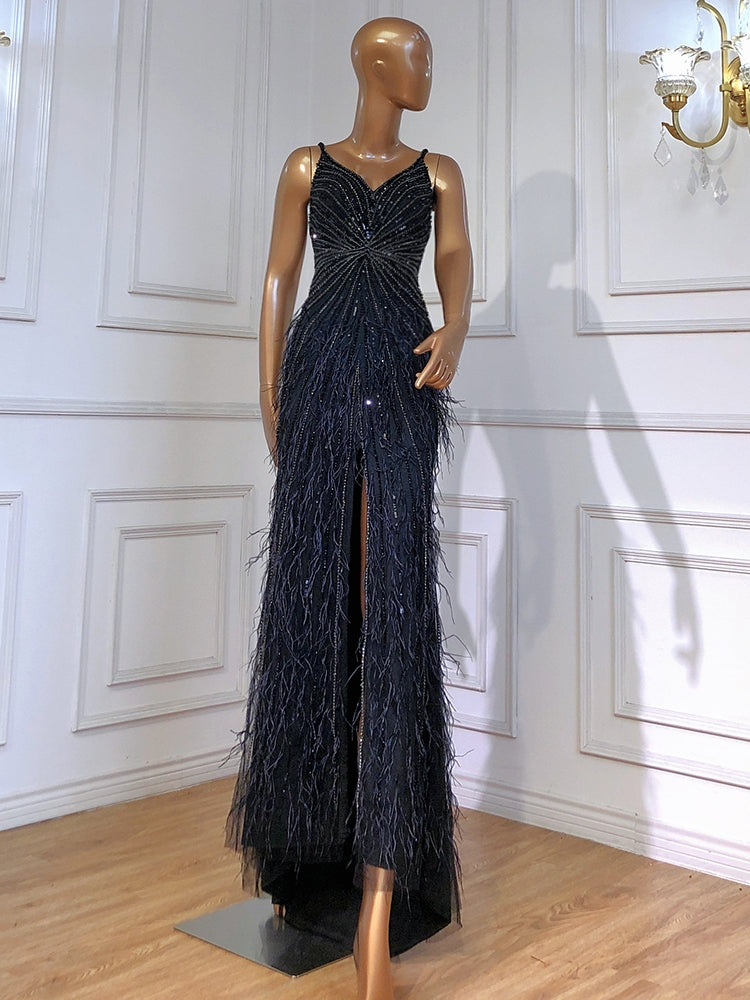 PM502,High Quality Mermaid Feather Beading Long Prom Dresses With Slit