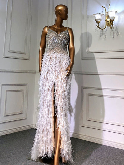 PM502,High Quality Mermaid Feather Beading Long Prom Dresses With Slit