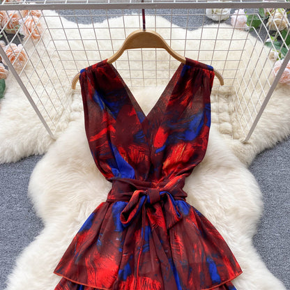 Sweet V neckline Summer Floral Dress Women Holiday Dress P174