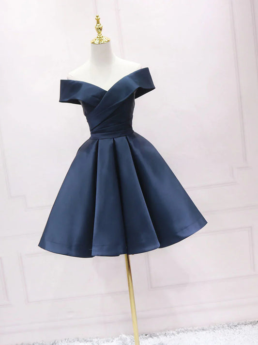 Retro Navy Blue Off-the-shoulder Design A-line Satin Party Dress Homecoming Dress TP4057