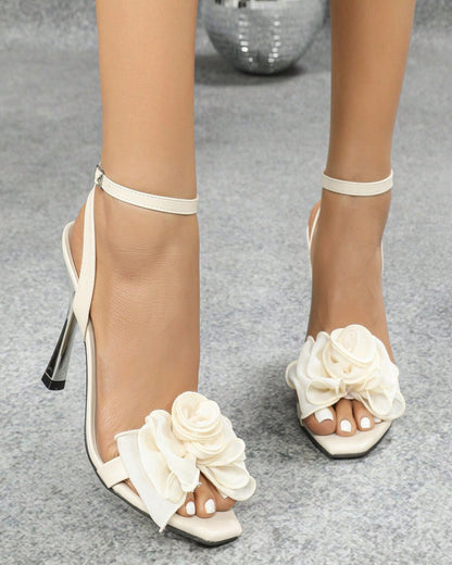 Teresa Mesh Flower Strap Sandals In Ivory