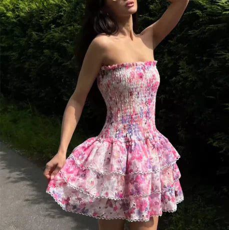 Cute Floral Strapless Design A-line Tiered Party Dress Homecoming Dress TP4078
