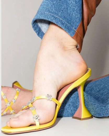 Ofelia Cross Rhinestone Flower Flared Heels In Butter Yellow