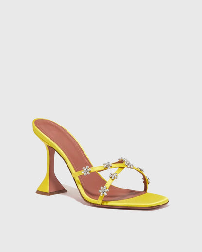 Ofelia Cross Rhinestone Flower Flared Heels In Butter Yellow