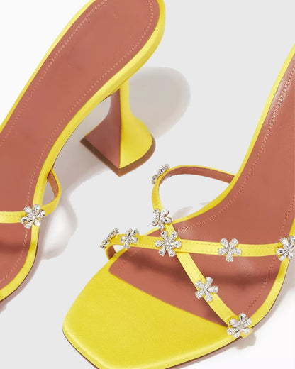 Ofelia Cross Rhinestone Flower Flared Heels In Butter Yellow