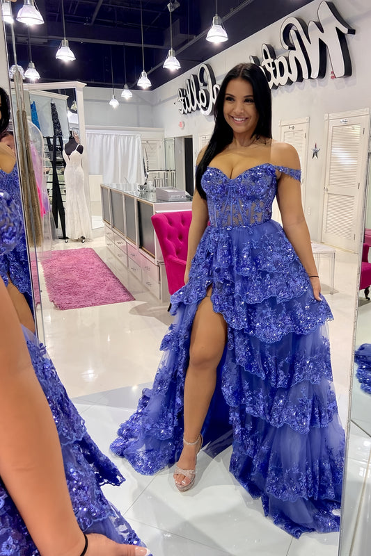 Off The Shoulder Blue Lace Evening Prom Dresses Ruffle Ball Gown, AST1467