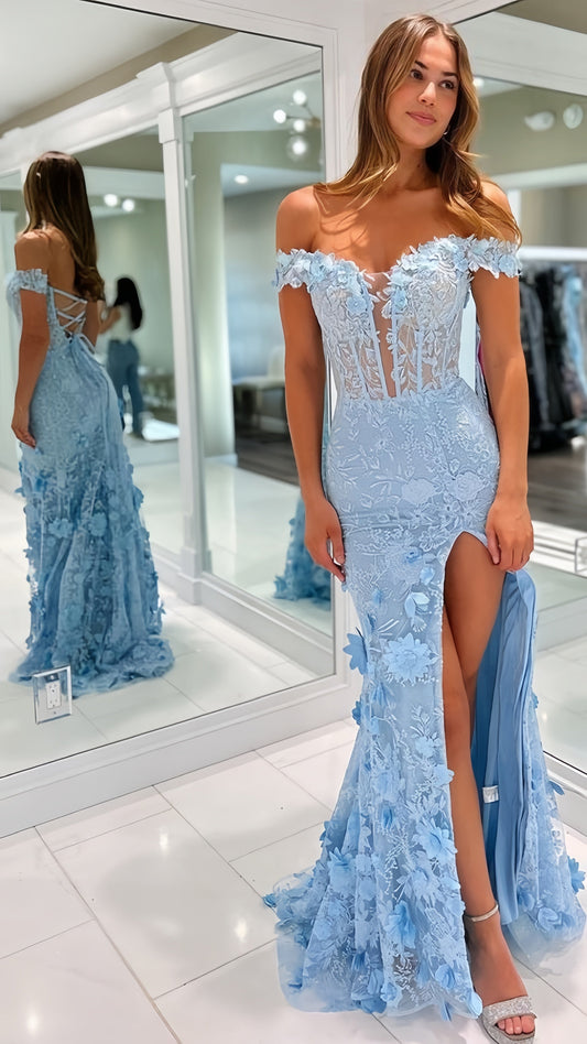Off The Shoulder Light Blue Appliques Mermaid Prom Dress 3D Floral Party Gown