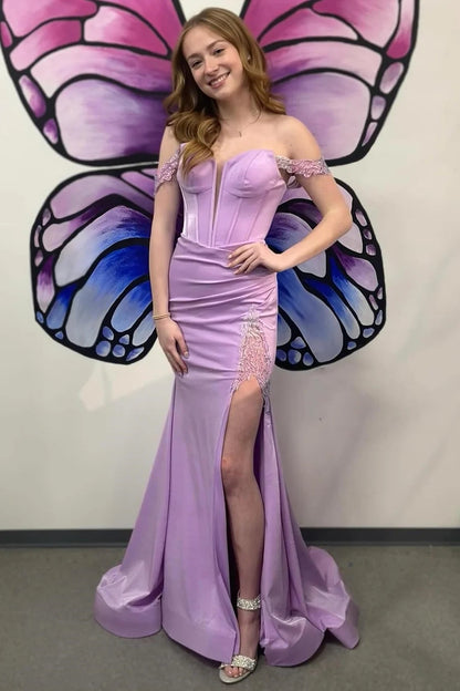 Off The Shoulder Lilac Satin Long Prom Dress With Slit Wp453