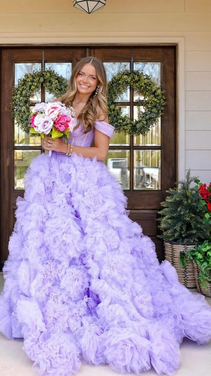 Off The Shoulder Lilac Tulle Prom Ball Gown