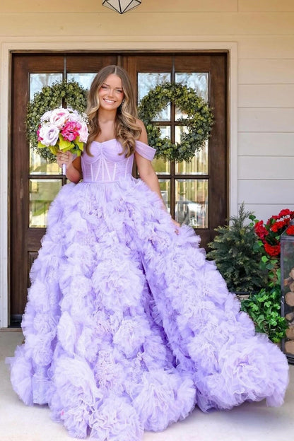 Off The Shoulder Lilac Tulle Prom Ball Gown