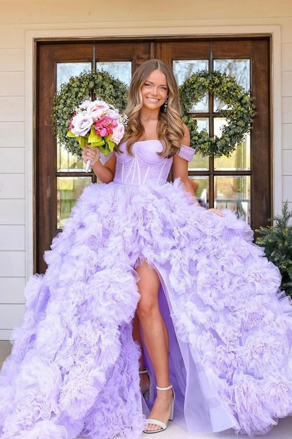 Off The Shoulder Lilac Tulle Prom Ball Gown