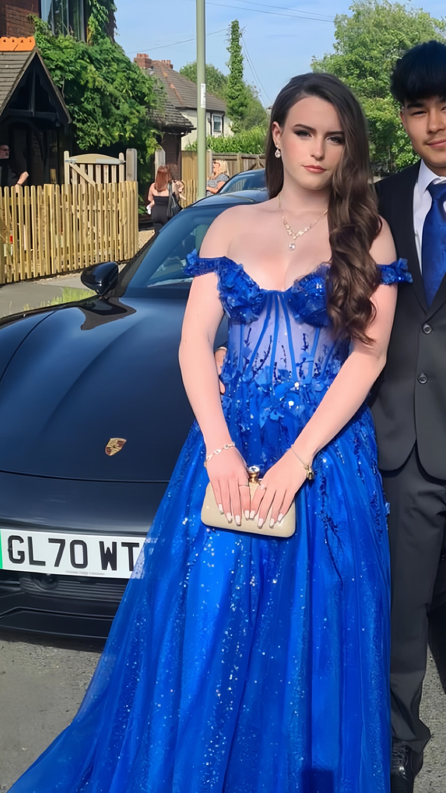 Off The Shoulder Royal Blue Tulle Prom Dress Appliques Glitter Party Dress