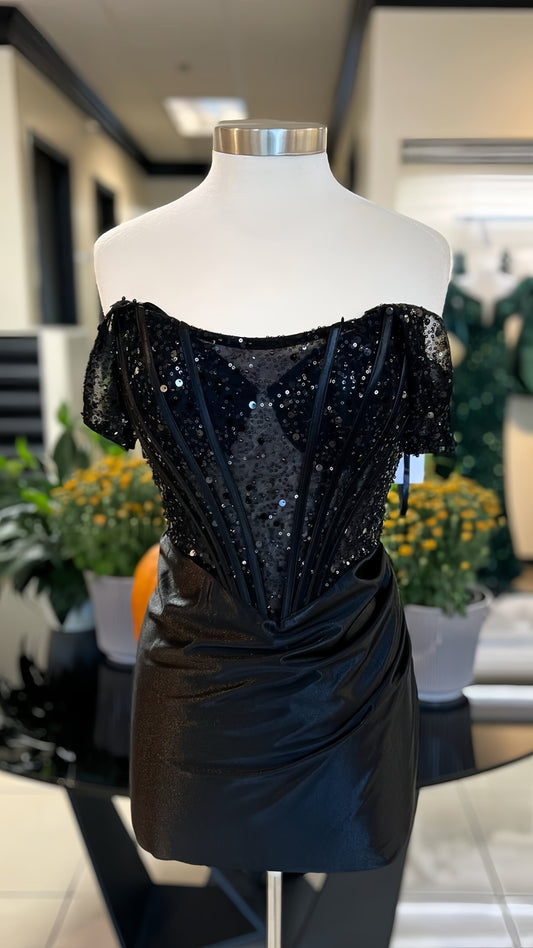 Off The Shoulder Black Sequin Homecoming Dress, AST1518