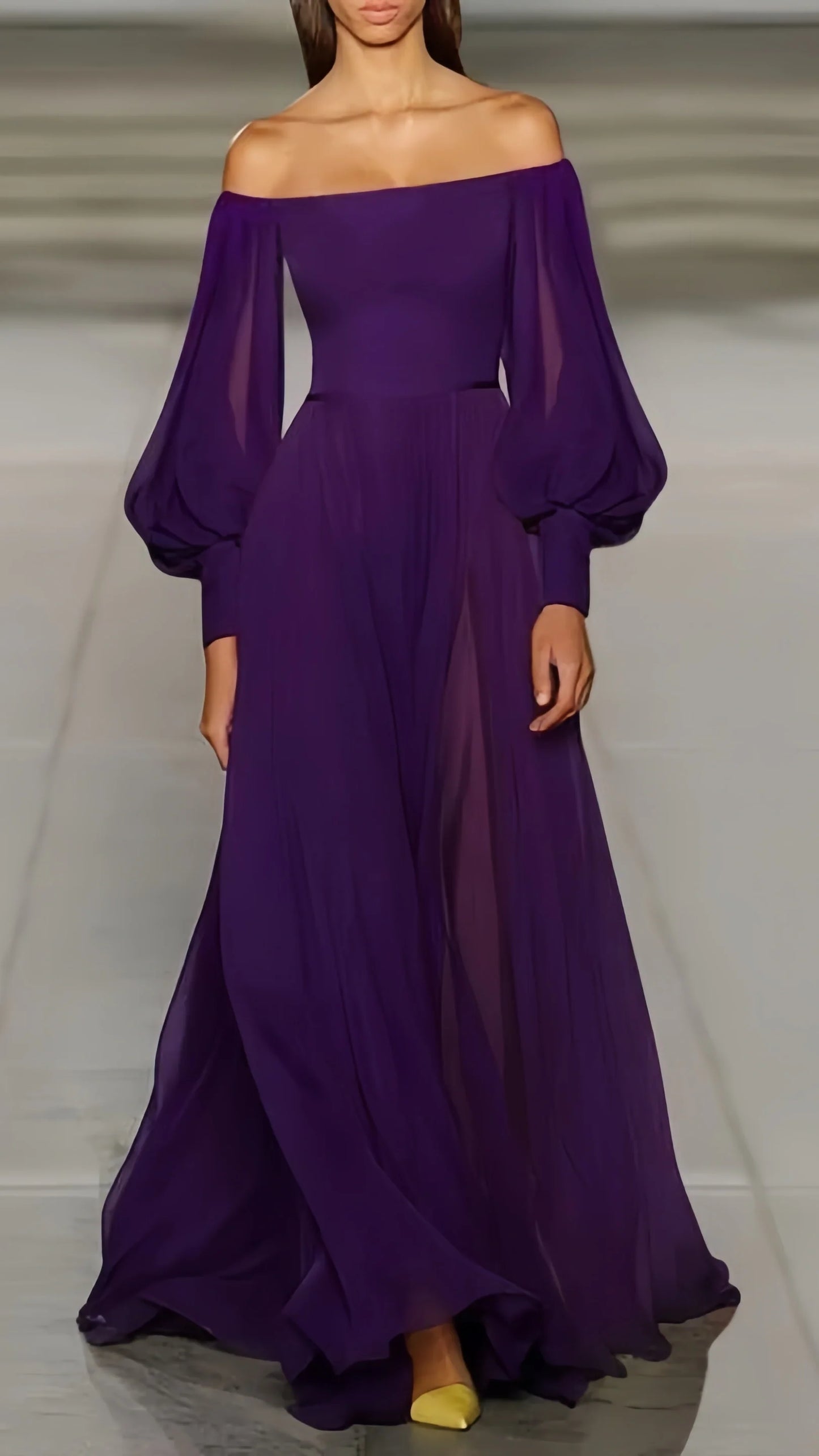 Off The Shoulder Purple Chiffon Long Prom Dress