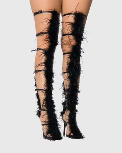 Oliva Feather Strappy Heels In Black