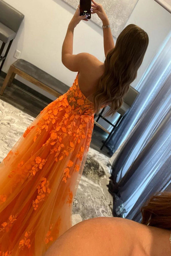 Orange Tulle A Line Sweetheart Prom Dress With Lace Appliques,WQ114