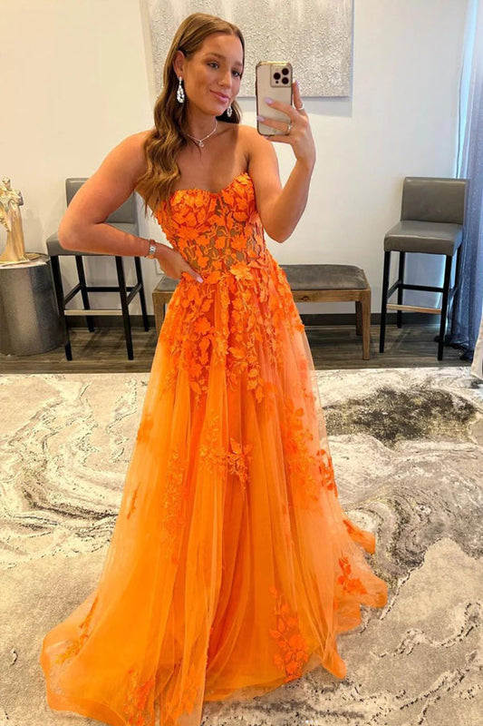 Orange Tulle A Line Sweetheart Prom Dress With Lace Appliques,WQ114