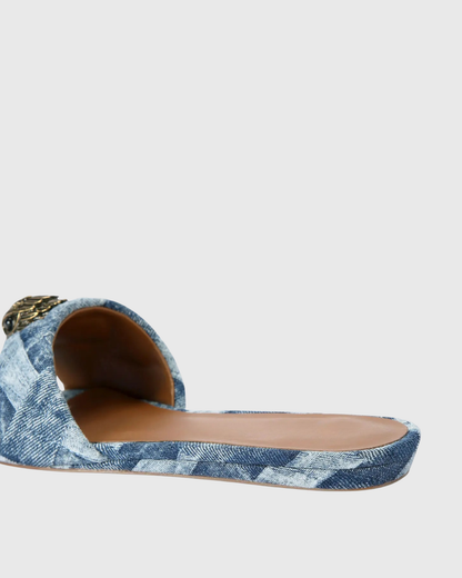 Owl Embellished Denim Slippers In Blue