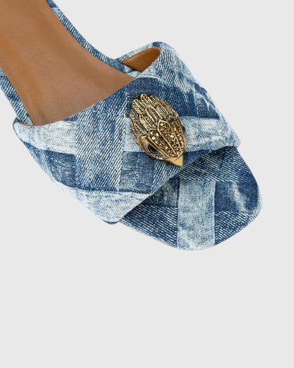 Owl Embellished Denim Slippers In Blue