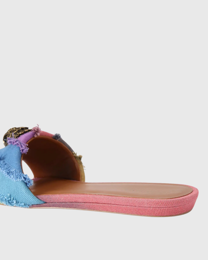 Owl Embellished Denim Slippers In Multicolor