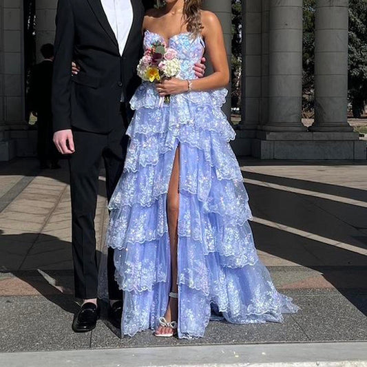 Vintage Shiny Sequin A-Line Prom Dress Spaghetti Strap Tiered Evening Dress Long Formal Dress TP4640