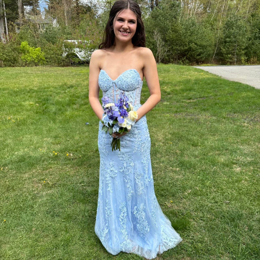 Vintage Blue Sweetheart Prom Dress Applique Strapless Evening Dress Long Sheath Formal Dress TP4648