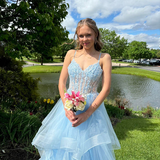 Vintage Blue Tulle Prom Dress Spaghetti Strap Evening Dress Long A-Line Formal Dress TP4646