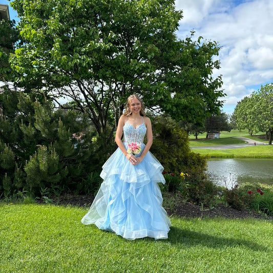 Vintage Blue Tulle Prom Dress Spaghetti Strap Evening Dress Long A-Line Formal Dress TP4646