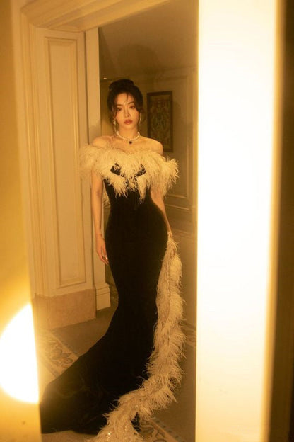 Elegant Mermaid Strapless Black Velvet Prom Dresses Long Formal Dress P1112