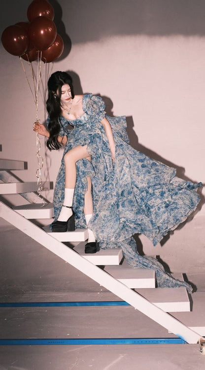 Elegant High Low Blue Floral Prom Dresses Long Formal Dress P1114