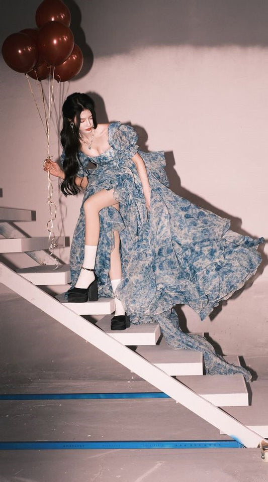 Elegant High Low Blue Floral Prom Dresses Long Formal Dress P1114