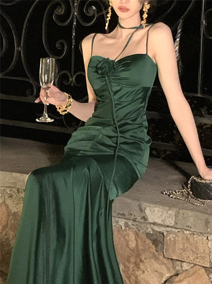 Elegant Mermaid Straps Satin Olive Green Prom Dresses Formal Evening Dress P1132