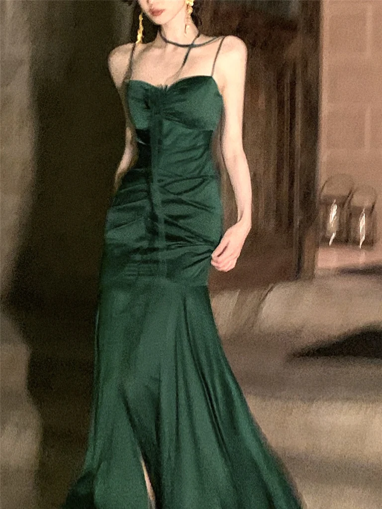 Elegant Mermaid Straps Satin Olive Green Prom Dresses Formal Evening Dress P1132