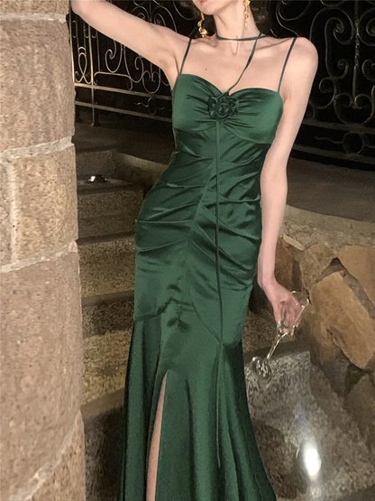 Elegant Mermaid Straps Satin Olive Green Prom Dresses Formal Evening Dress P1132