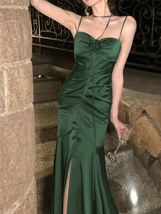 Elegant Mermaid Straps Satin Olive Green Prom Dresses Formal Evening Dress P1132