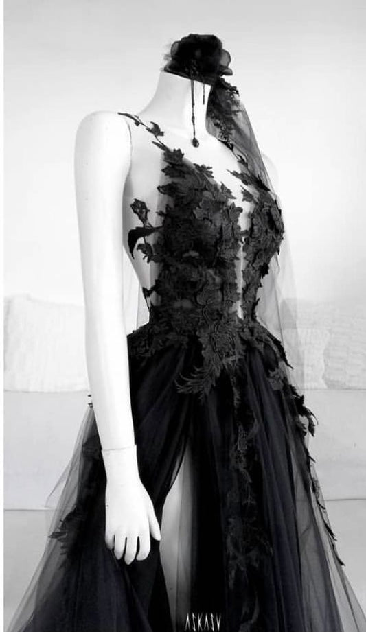 A line Long Black Tulle Lace Prom Dress P1272