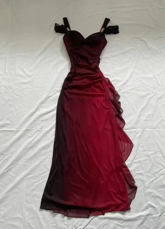 Vintage Shiny Burgundy Sheath Chiffon Shoulder Strap Design Long Prom Dress Evening Dress TP4296