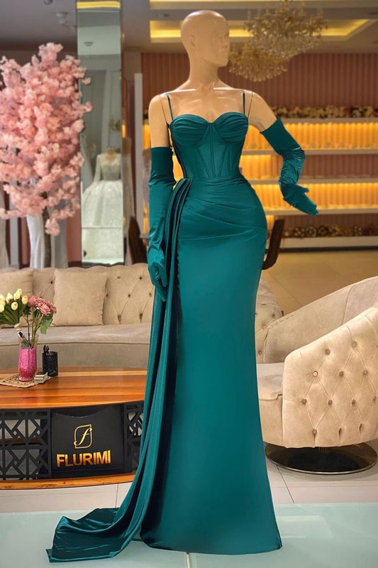 Elegant Mermaid Long Dark Green Spaghetti Straps Prom Dress With Ruffles P1291