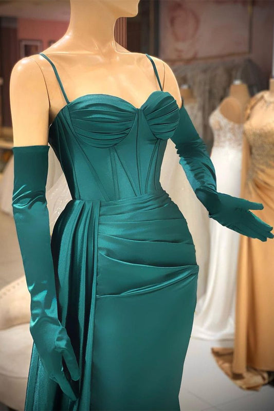Elegant Mermaid Long Dark Green Spaghetti Straps Prom Dress With Ruffles P1291