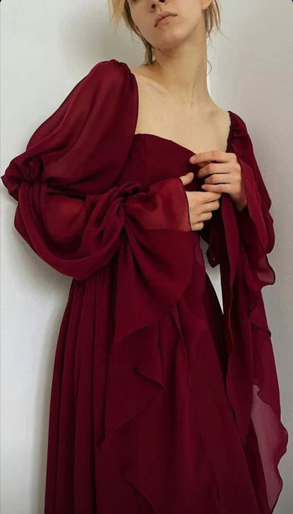 Retro Burgundy Long-sleeve A-Line Long Prom Dress Party Dress Evening Dress TP4496