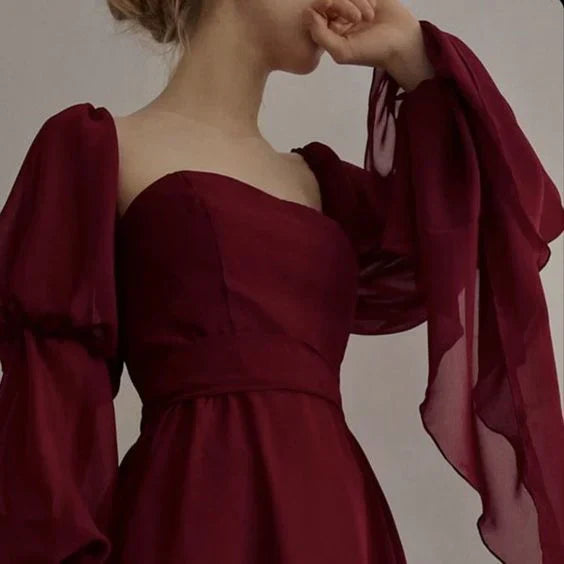 Retro Burgundy Long-sleeve A-Line Long Prom Dress Party Dress Evening Dress TP4496