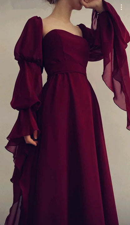 Retro Burgundy Long-sleeve A-Line Long Prom Dress Party Dress Evening Dress TP4496