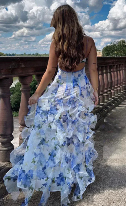 Vintage Floral Spaghetti Strap Ruffle Mermaid Chiffon Prom Dress Party Dress Evening Dress TP4498