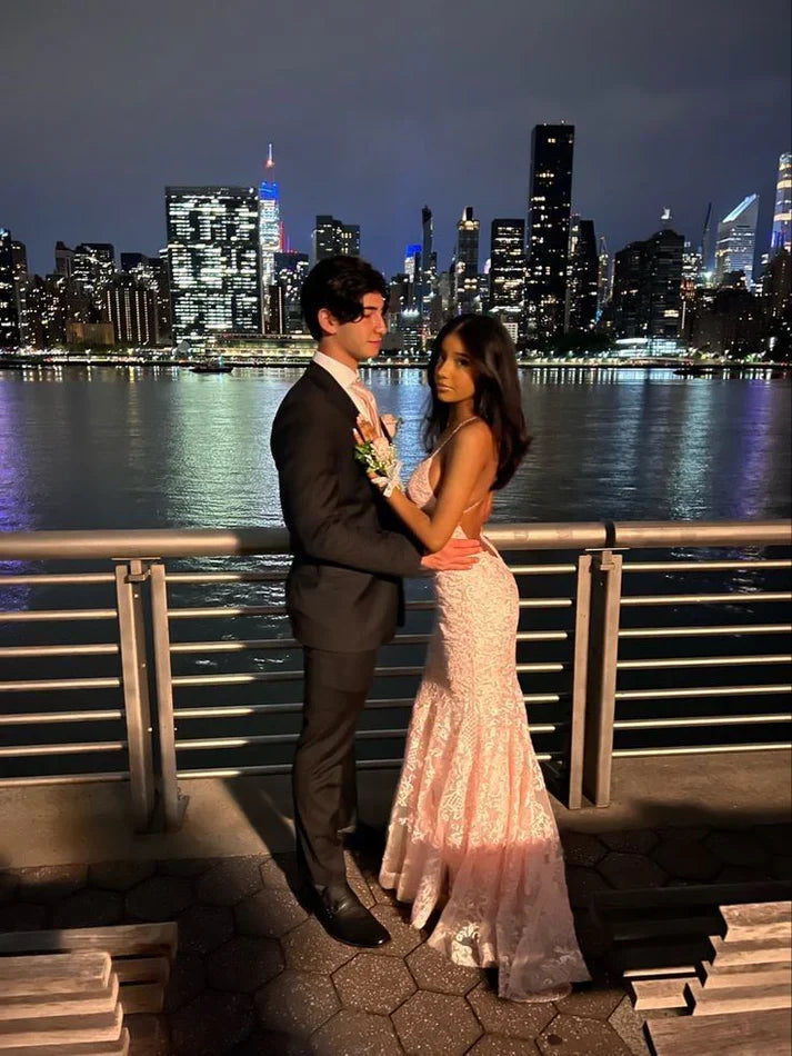 Enchanting Pink Lace Backless Mermaid Long Prom Dress Party Dress Evening Dress TP4490