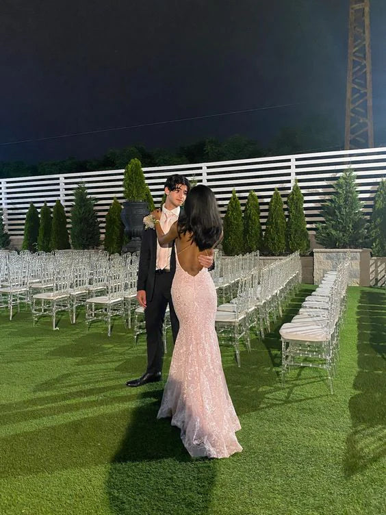 Enchanting Pink Lace Backless Mermaid Long Prom Dress Party Dress Evening Dress TP4490