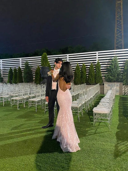 Enchanting Pink Lace Backless Mermaid Long Prom Dress Party Dress Evening Dress TP4490